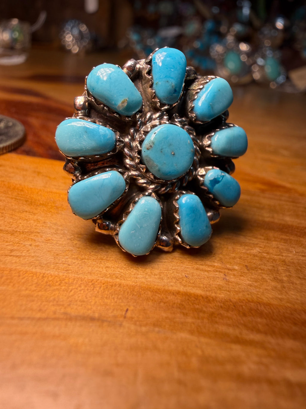 Navajo Made Turquoise Flower Cluster Ring