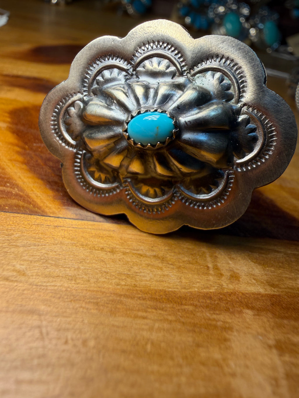 Navajo Made Concho and Turquoise Ring Adjustable Size