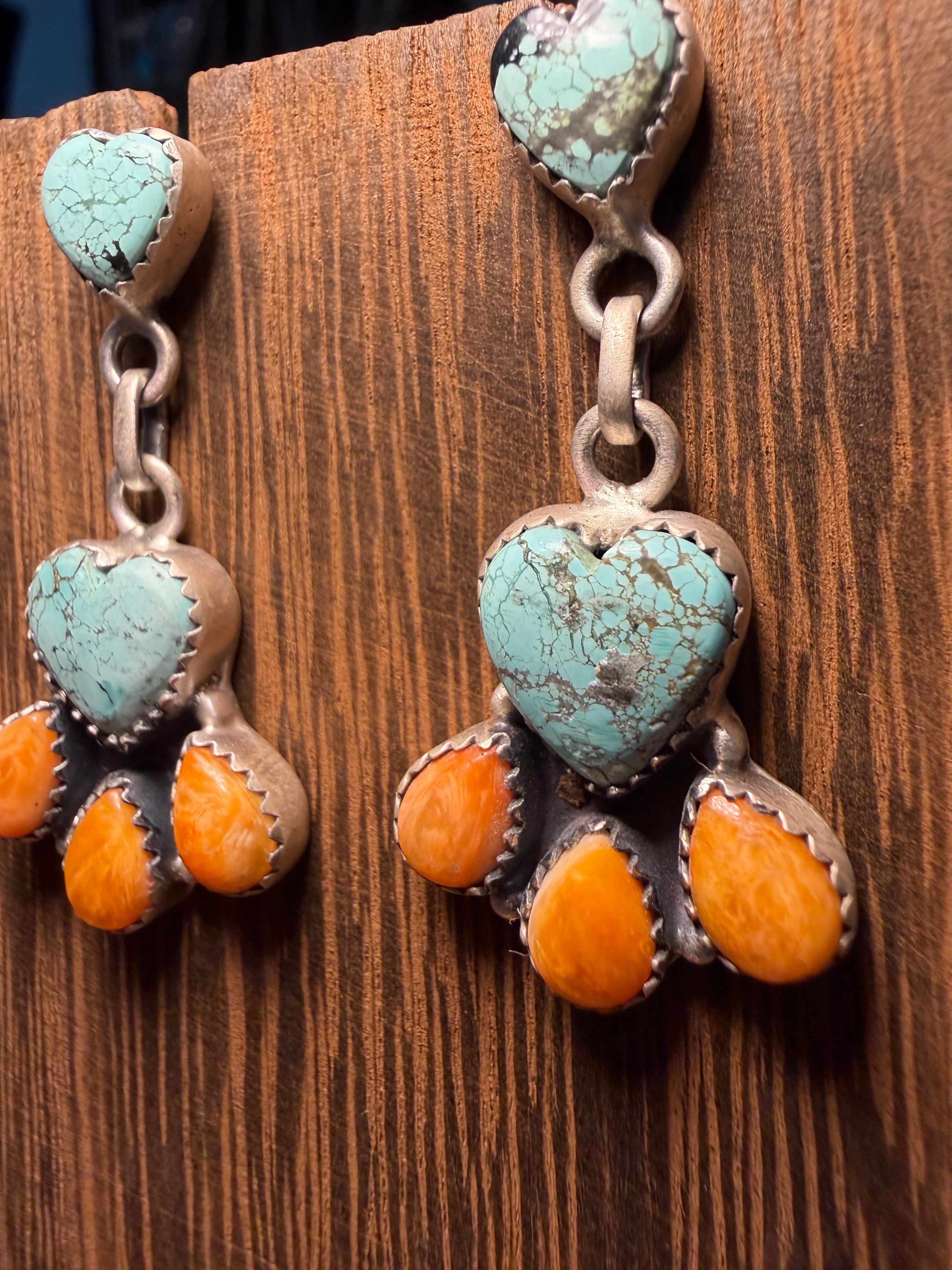 Turquoise and Orange Spiny Stud Dangle Earrings