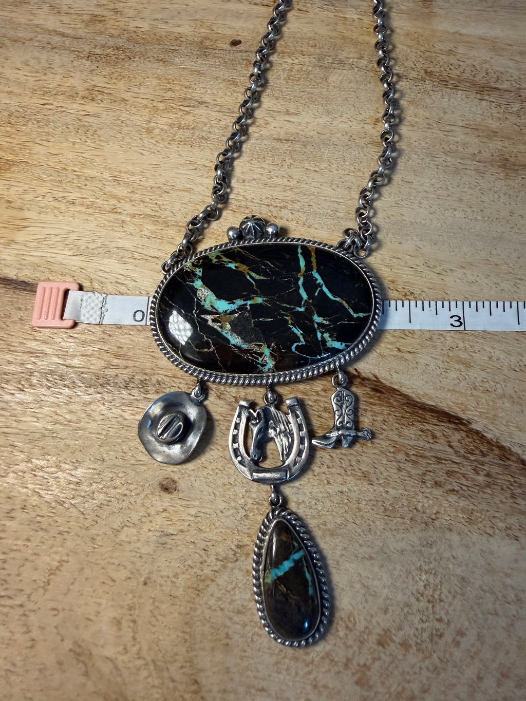 Navajo Made Blackjack TurquoiseLariat Necklace With Charms