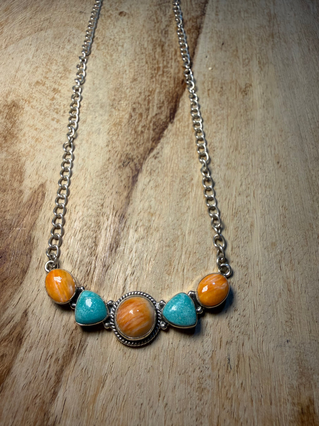 Orange Spiny and Turquoise Cluster Bar Necklace
