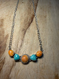 Orange Spiny and Turquoise Cluster Bar Necklace
