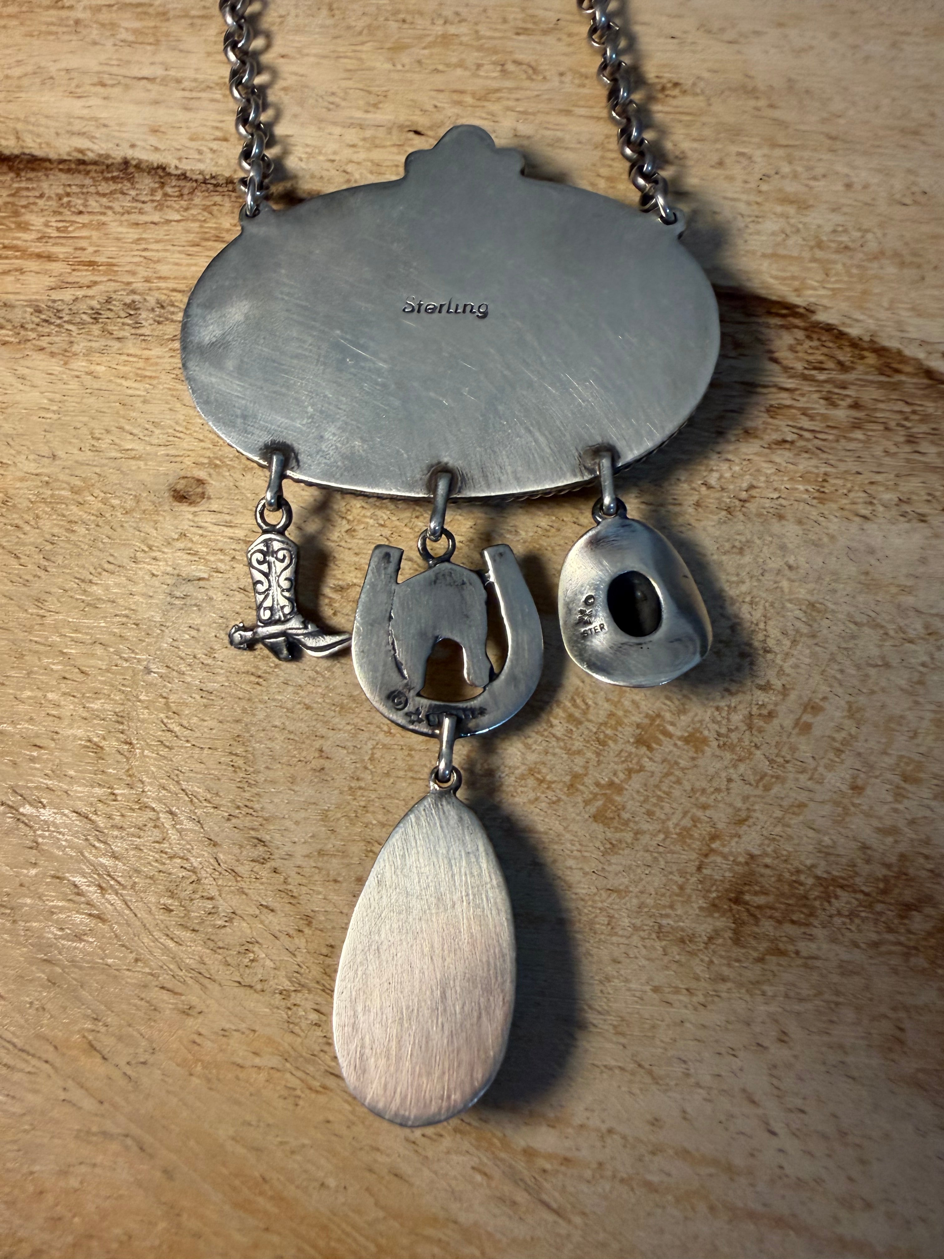 Navajo Made Blackjack TurquoiseLariat Necklace With Charms