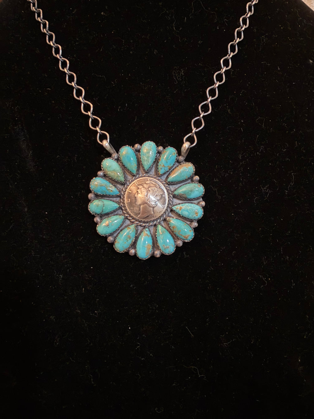 Large Navajo Turquoise Full Cluster Liberty Dime Necklace
