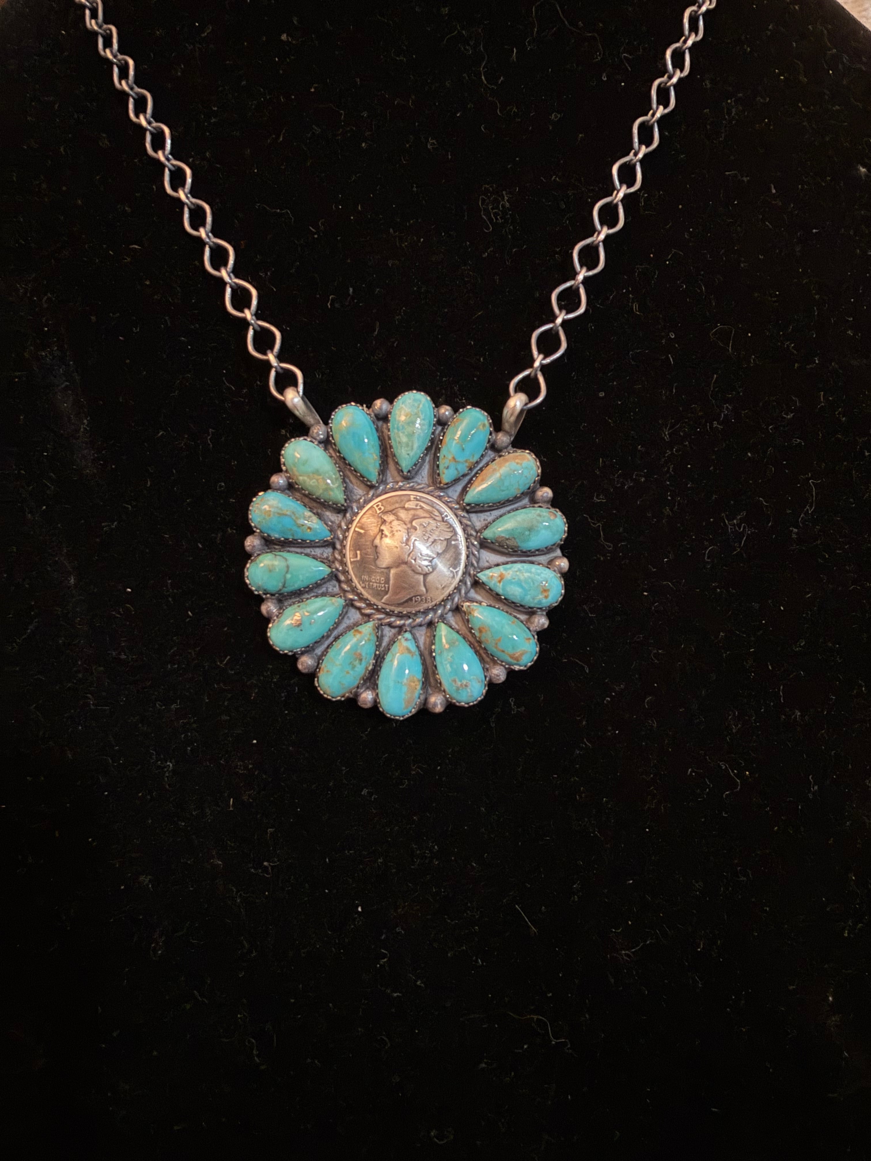 Large Navajo Turquoise Full Cluster Liberty Dime Necklace