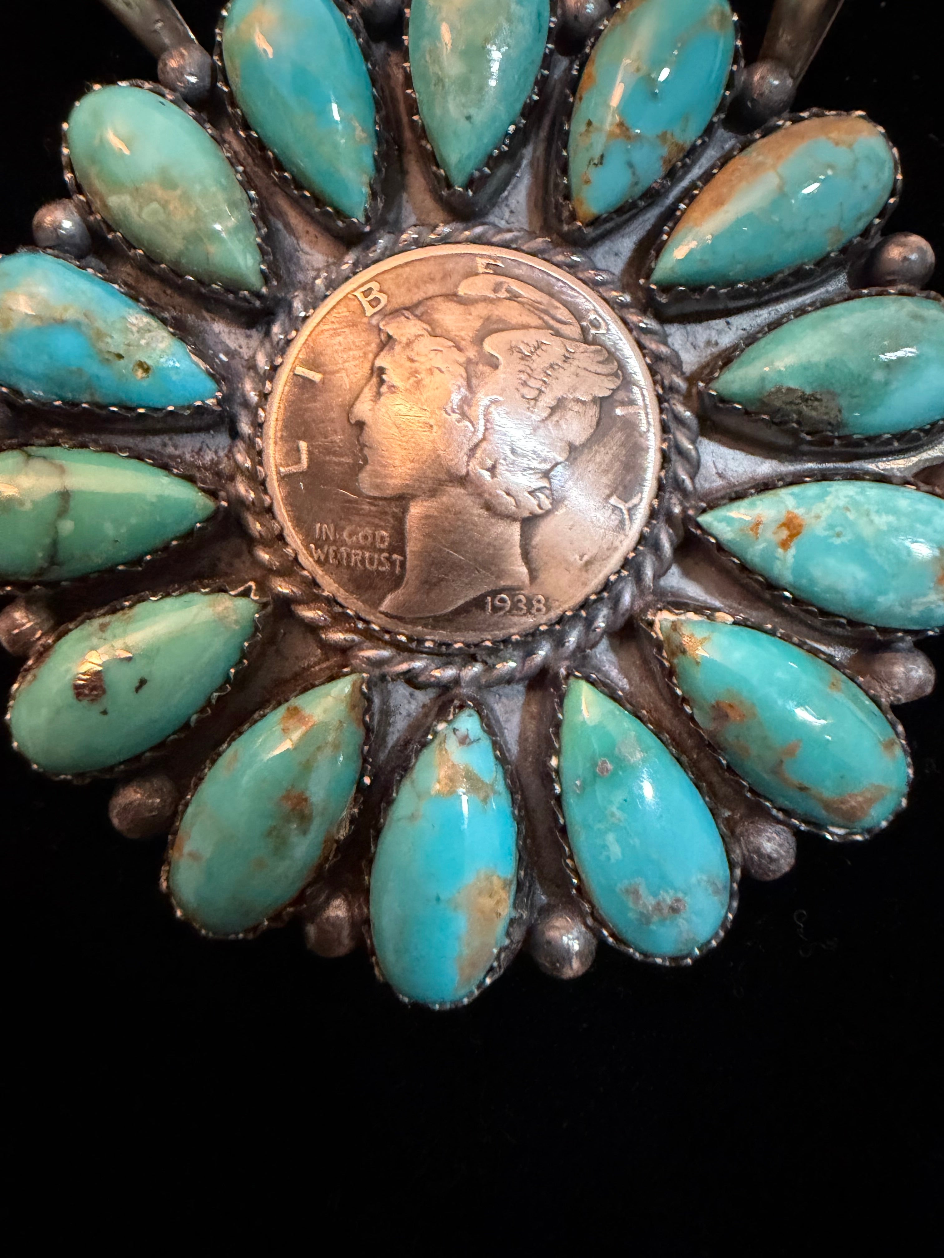 Large Navajo Turquoise Full Cluster Liberty Dime Necklace