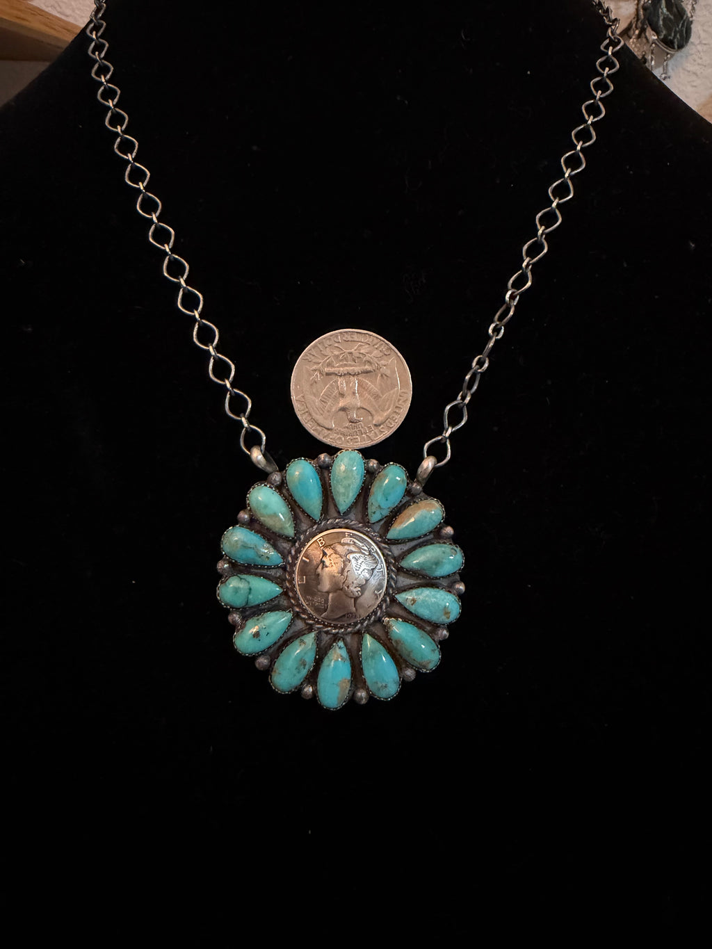 Large Navajo Turquoise Full Cluster Liberty Dime Necklace