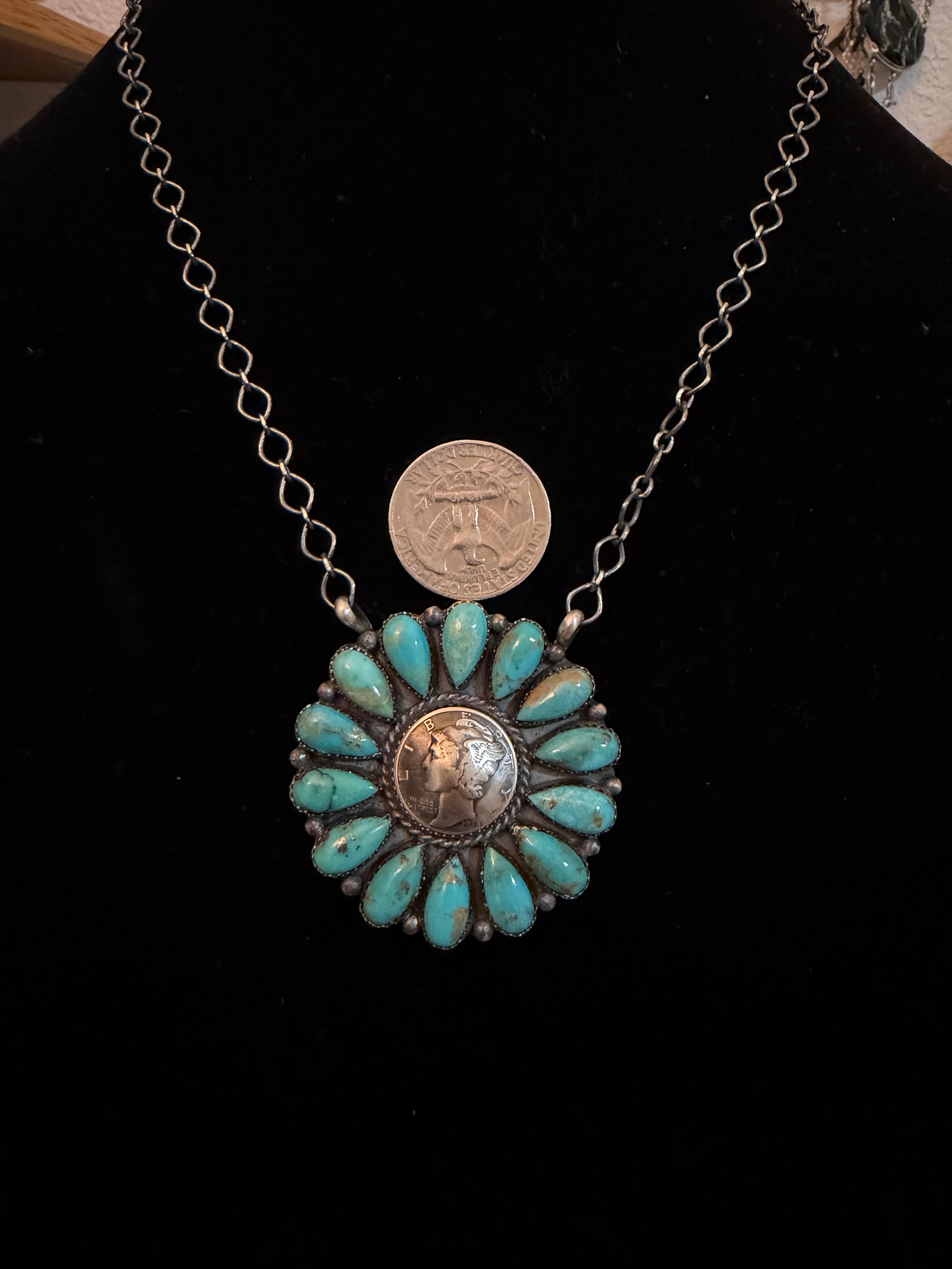 Large Navajo Turquoise Full Cluster Liberty Dime Necklace
