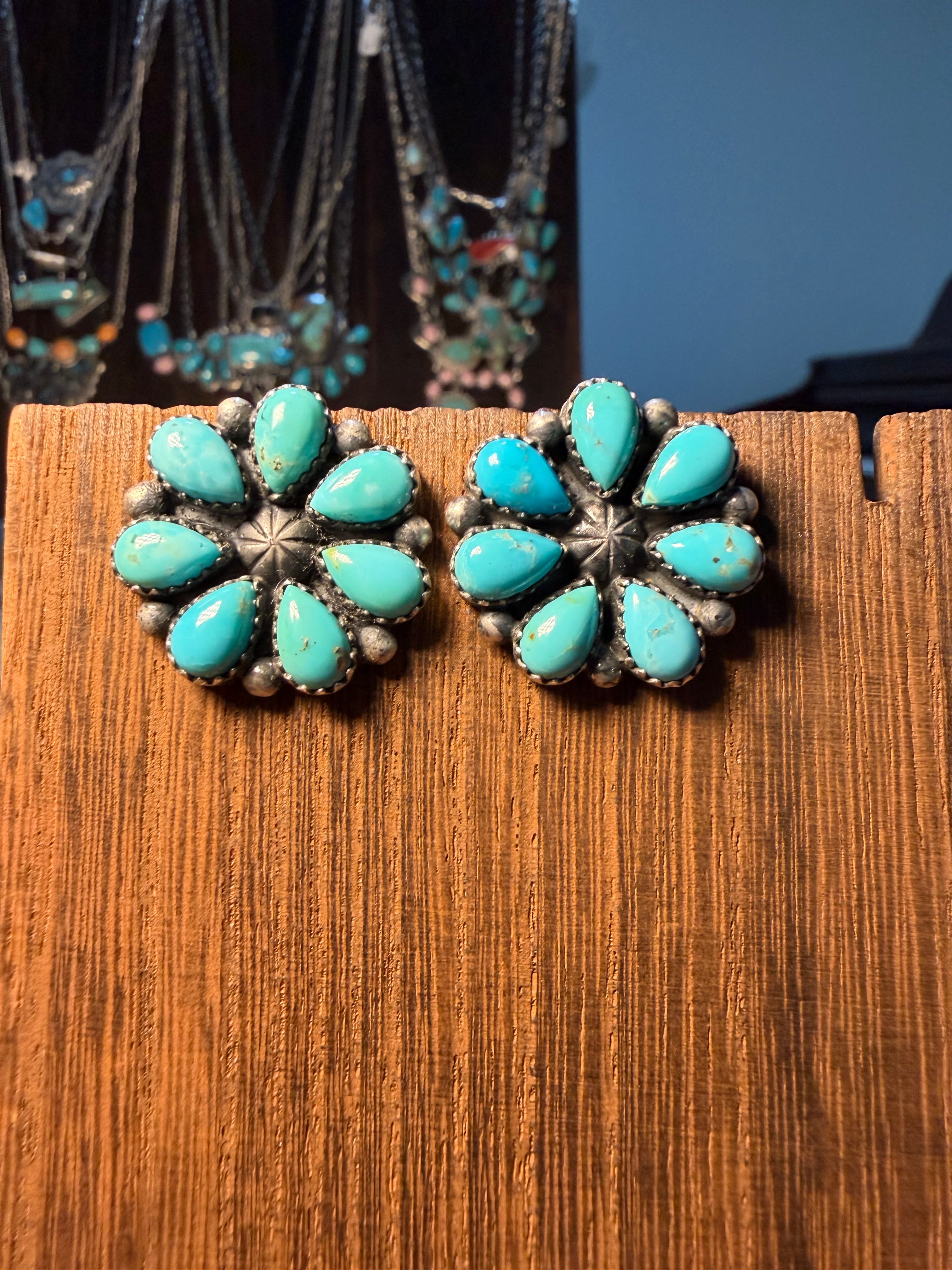 Navajo Made Full Cluster Turquoise Earrings