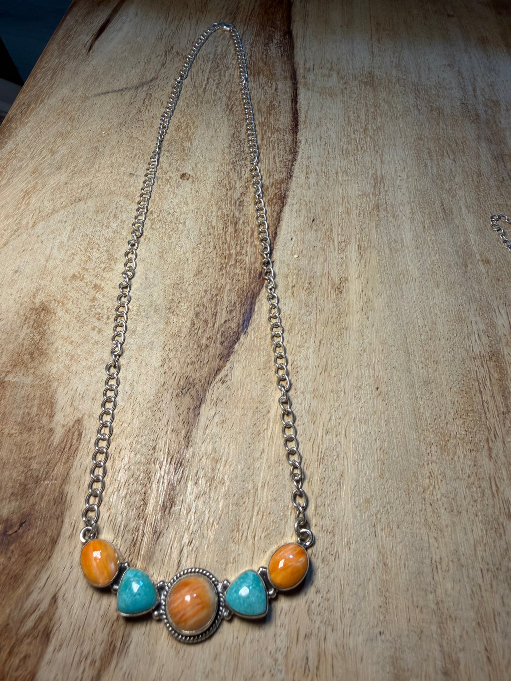 Orange Spiny and Turquoise Cluster Bar Necklace