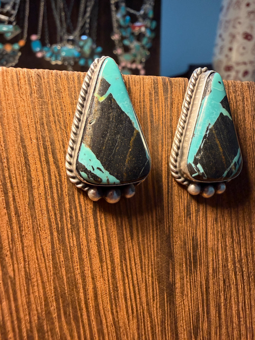 Navajo Johnny Dixon Blackjack Turquoise Earrings