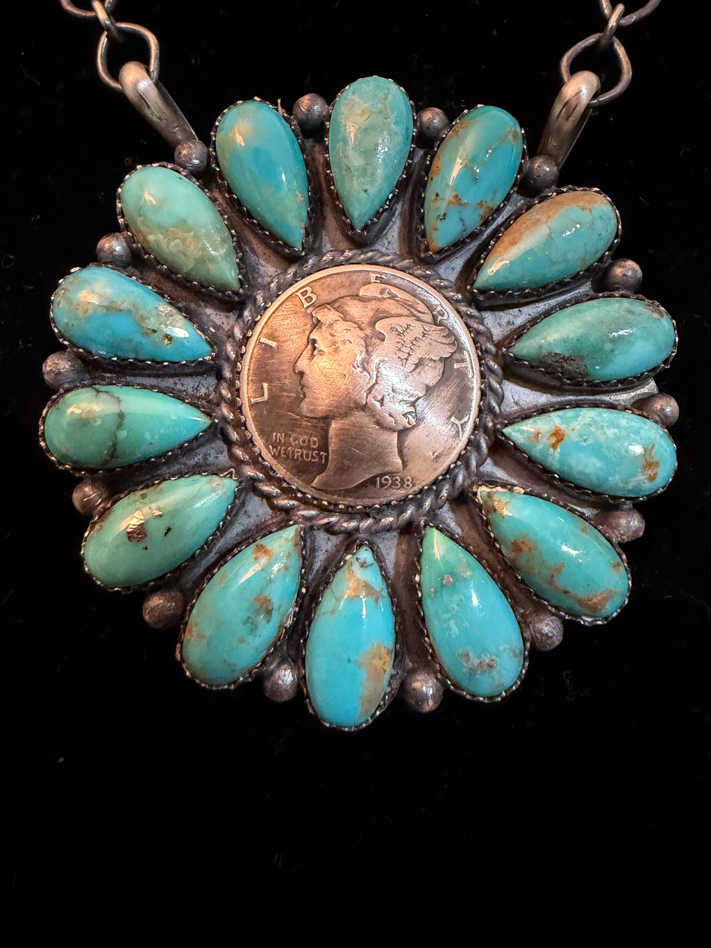Large Navajo Turquoise Full Cluster Liberty Dime Necklace