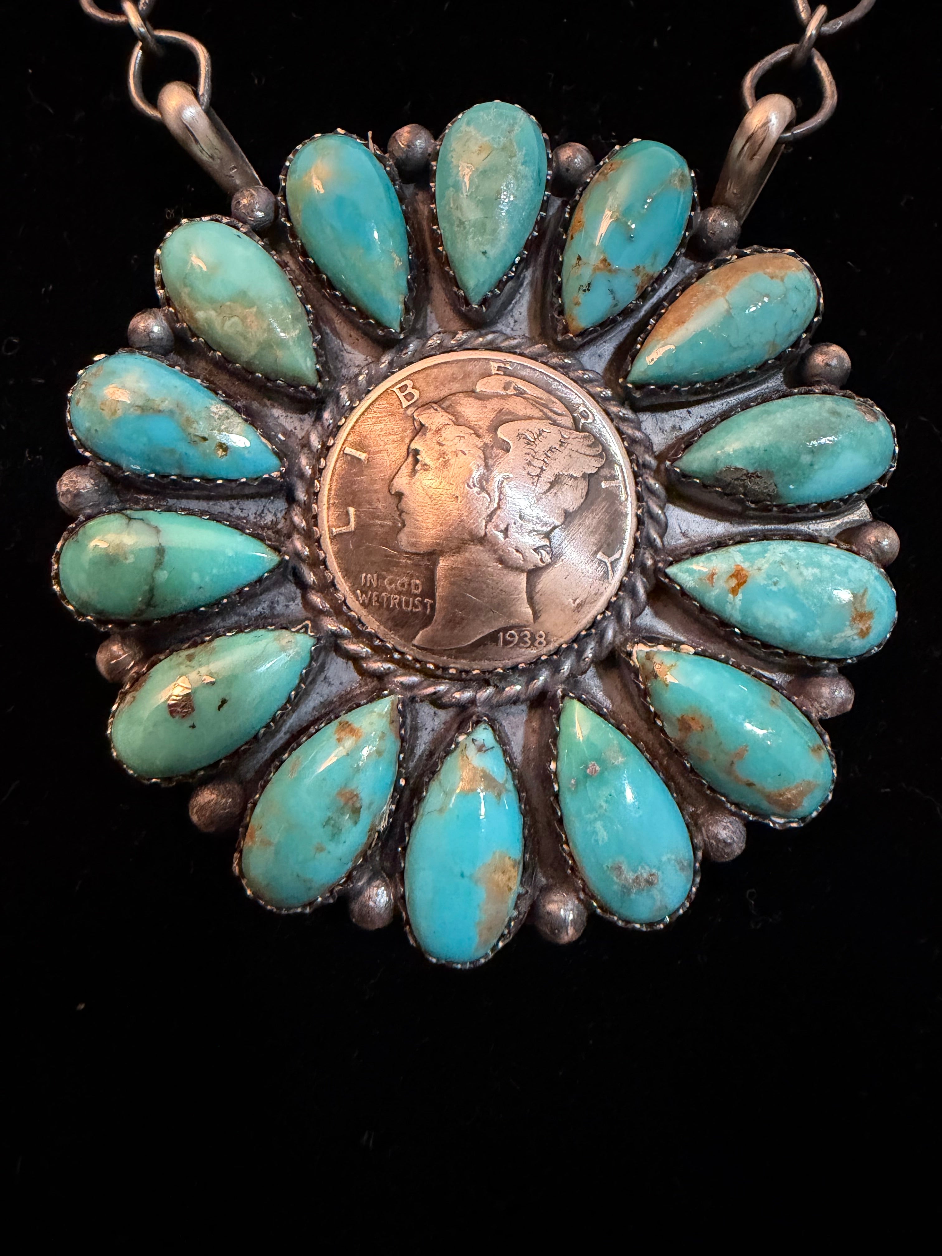 Large Navajo Turquoise Full Cluster Liberty Dime Necklace
