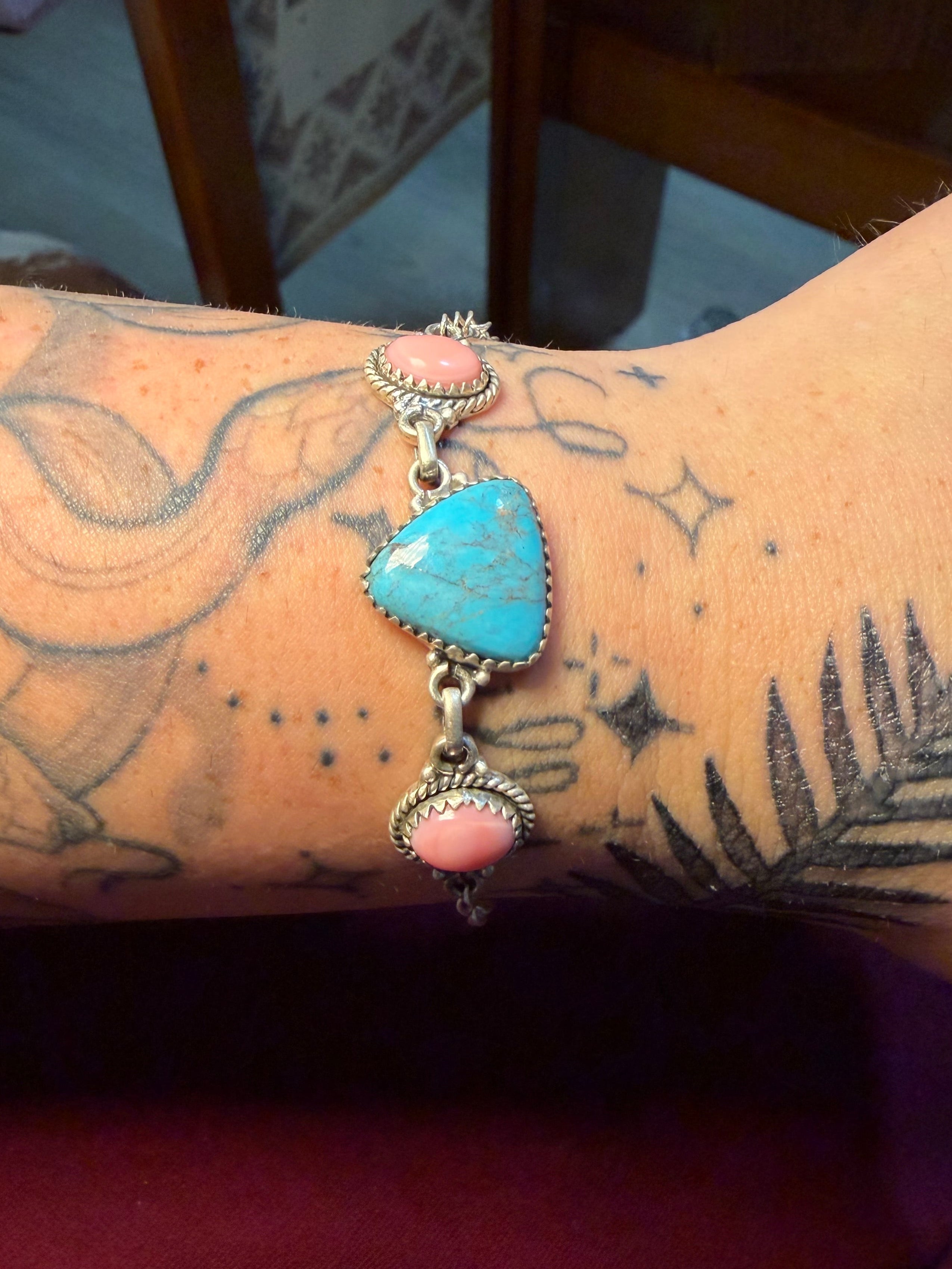 Pink Conch and Turquoise Bracelet