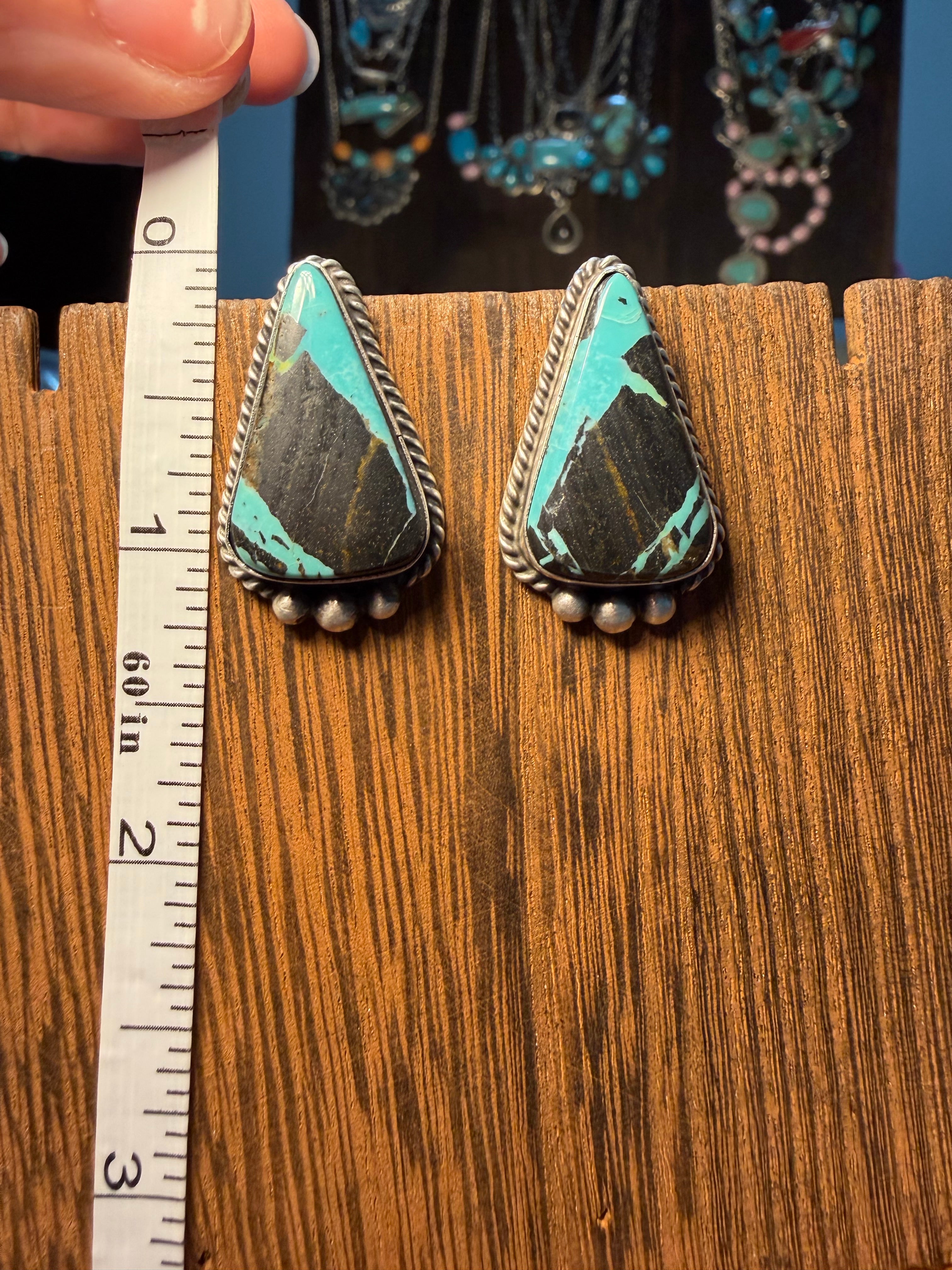 Navajo Johnny Dixon Blackjack Turquoise Earrings