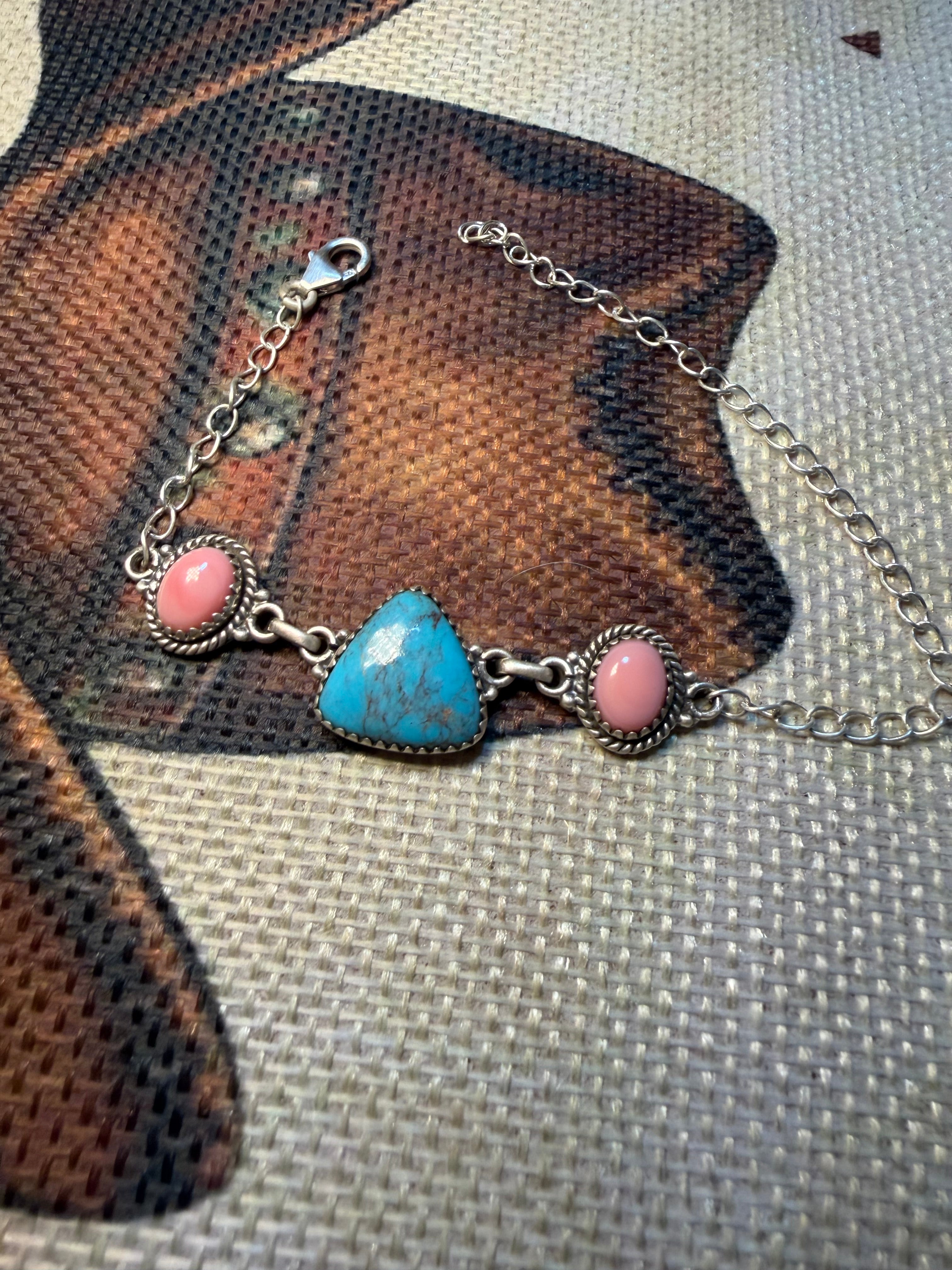 Pink Conch and Turquoise Bracelet