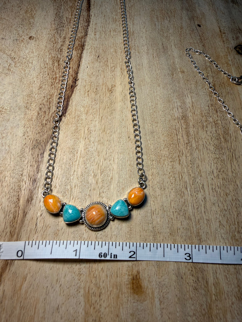 Orange Spiny and Turquoise Cluster Bar Necklace