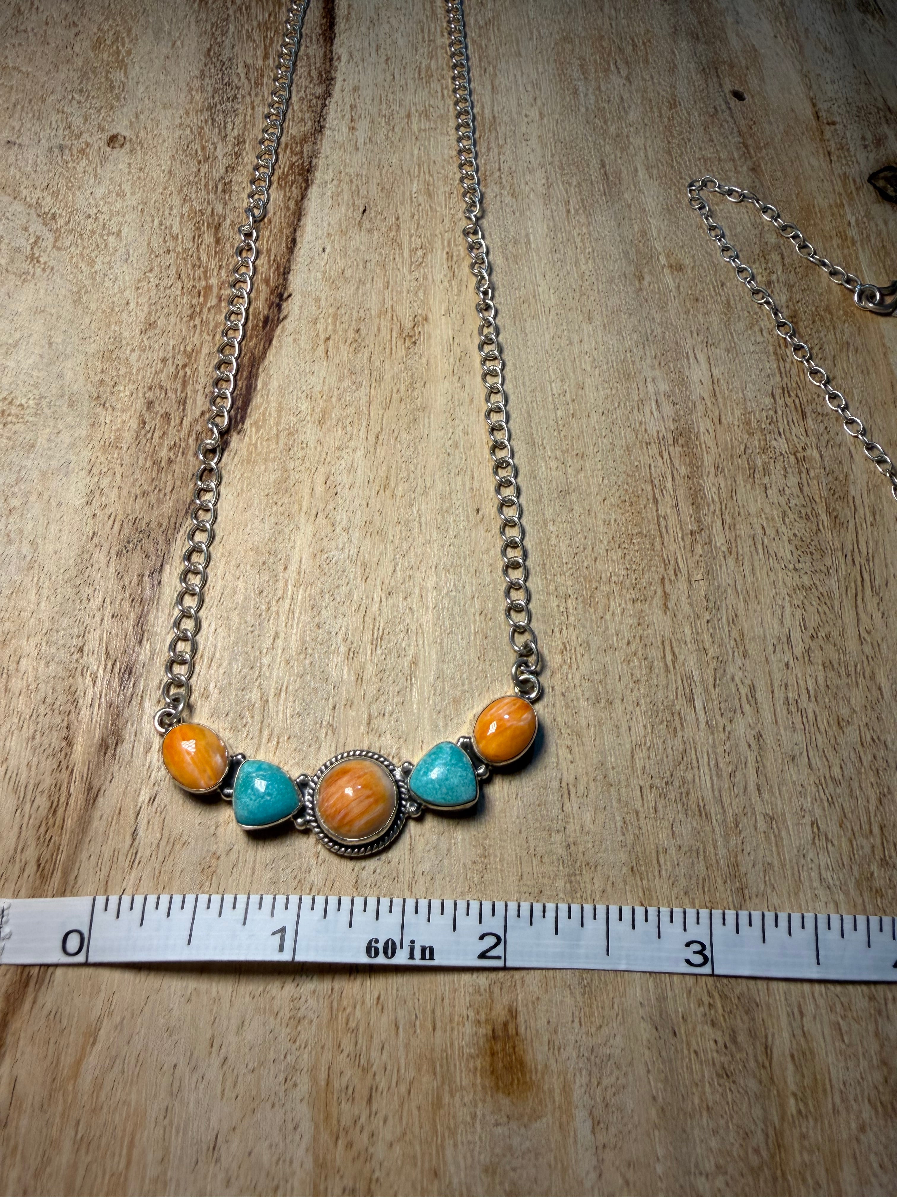 Orange Spiny and Turquoise Cluster Bar Necklace