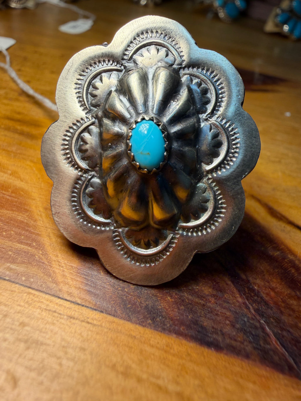 Navajo Made Concho and Turquoise Ring Adjustable Size