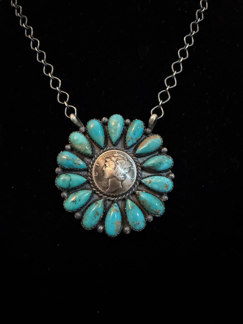 Large Navajo Turquoise Full Cluster Liberty Dime Necklace