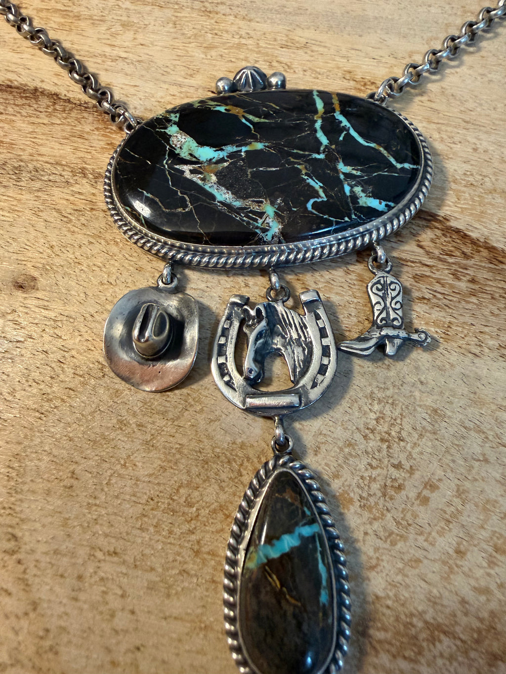Navajo Made Blackjack TurquoiseLariat Necklace With Charms