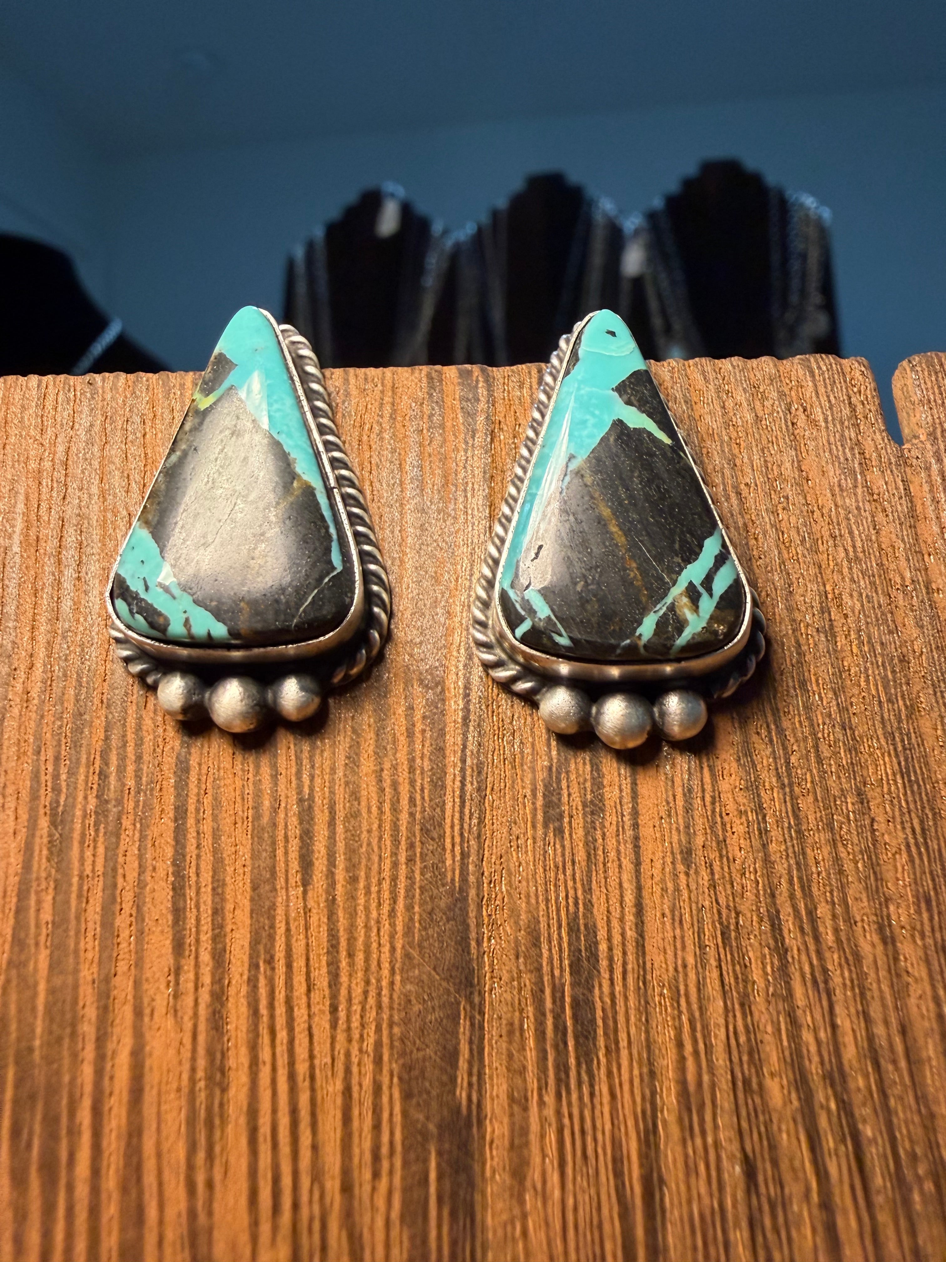 Navajo Johnny Dixon Blackjack Turquoise Earrings