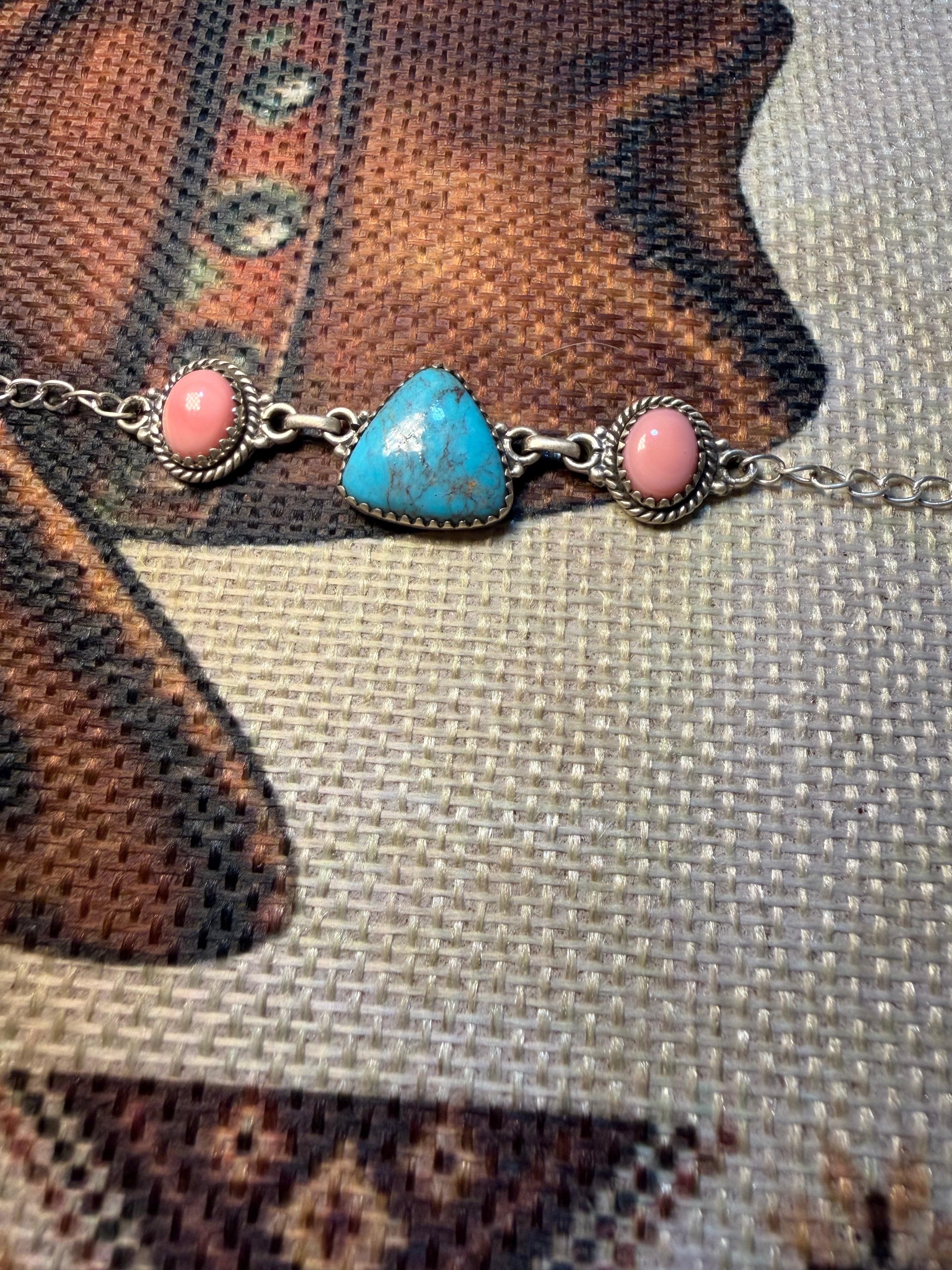 Pink Conch and Turquoise Bracelet