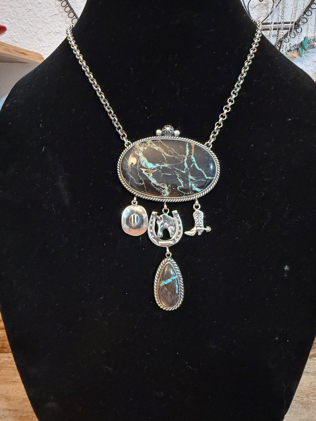 Navajo Made Blackjack TurquoiseLariat Necklace With Charms