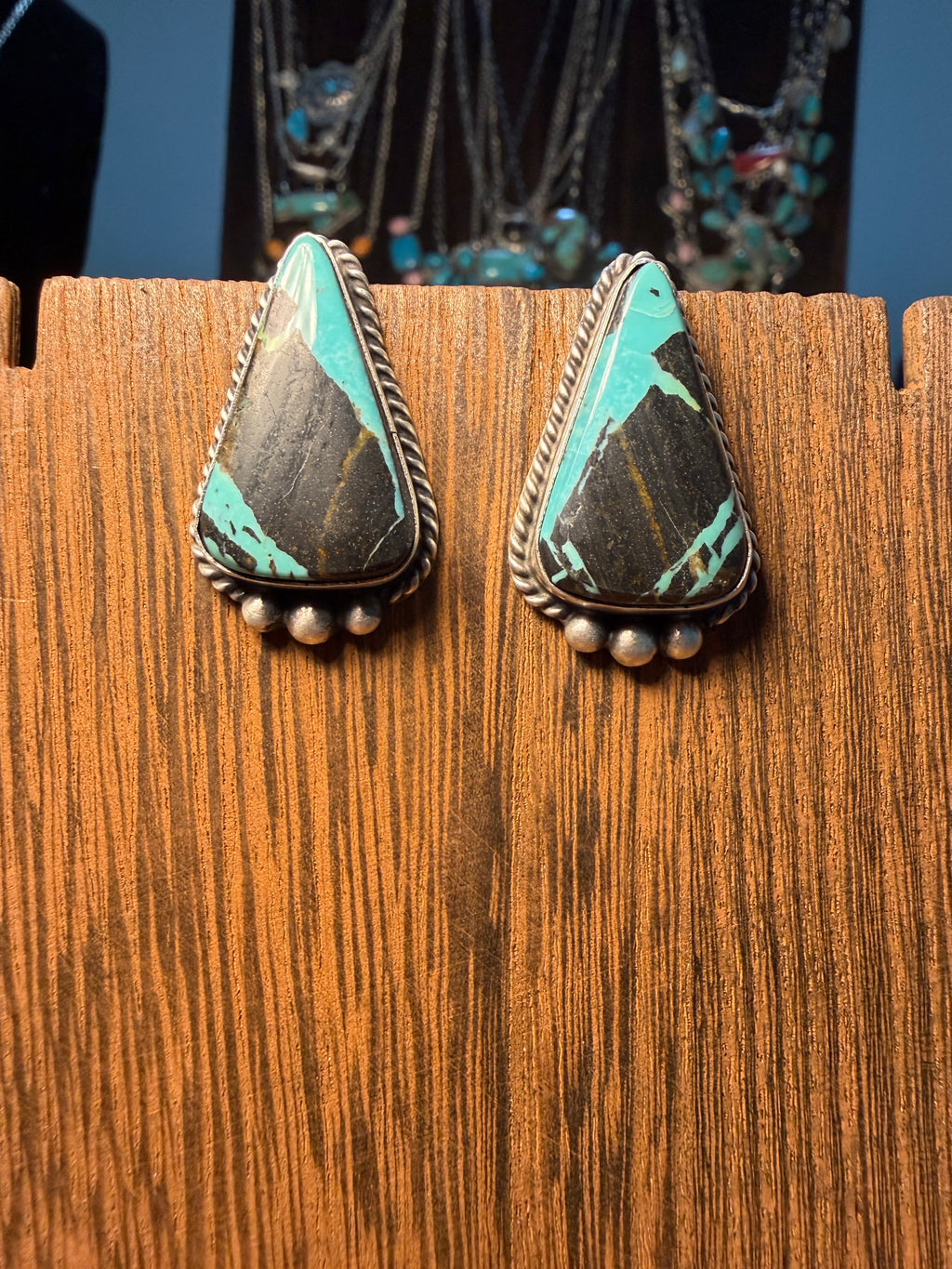 Navajo Johnny Dixon Blackjack Turquoise Earrings