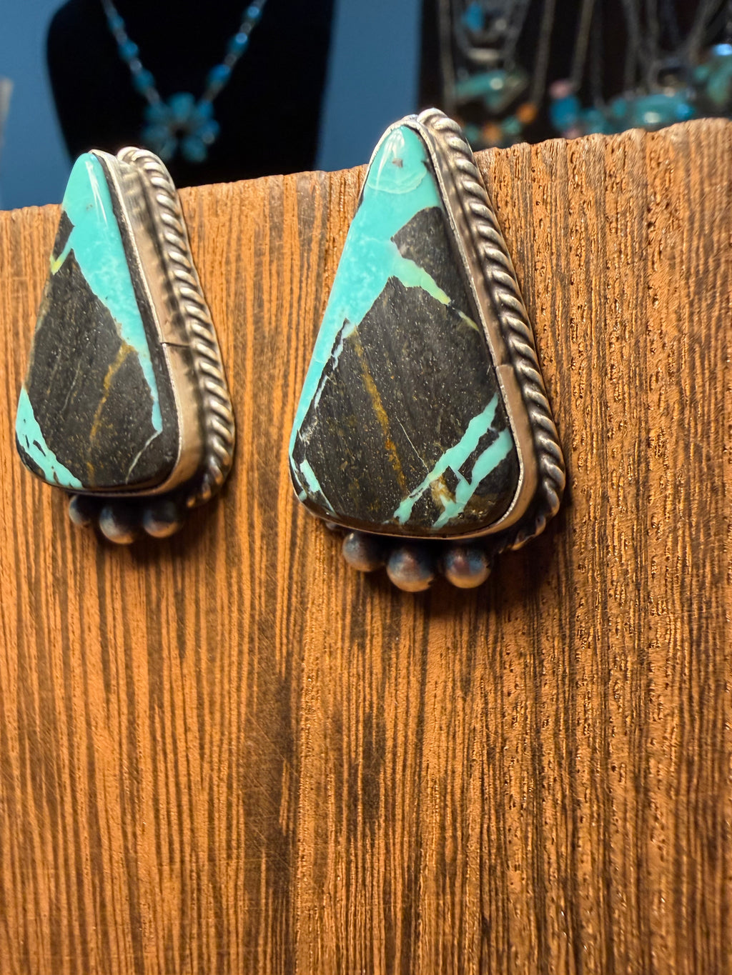 Navajo Johnny Dixon Blackjack Turquoise Earrings