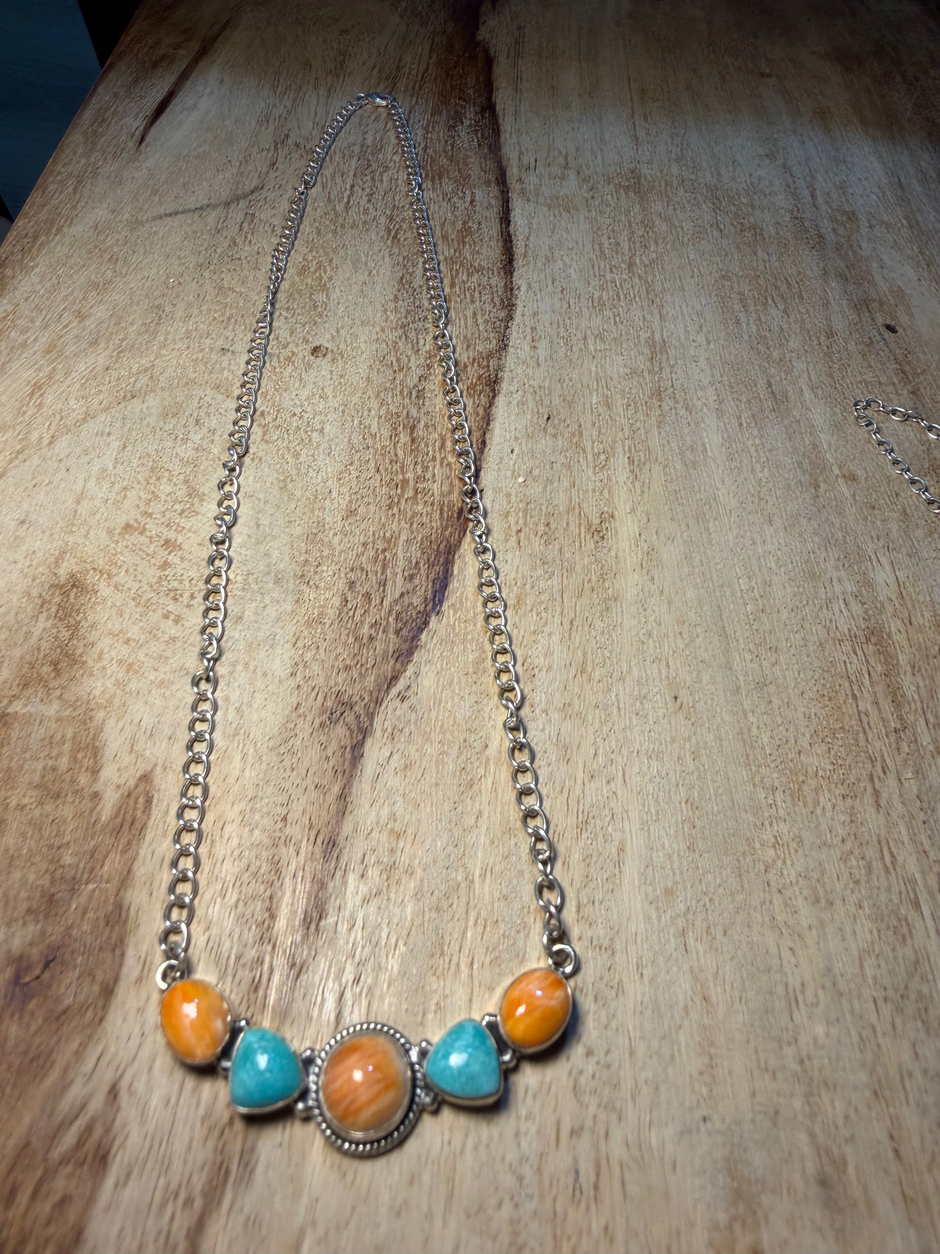 Orange Spiny and Turquoise Cluster Bar Necklace