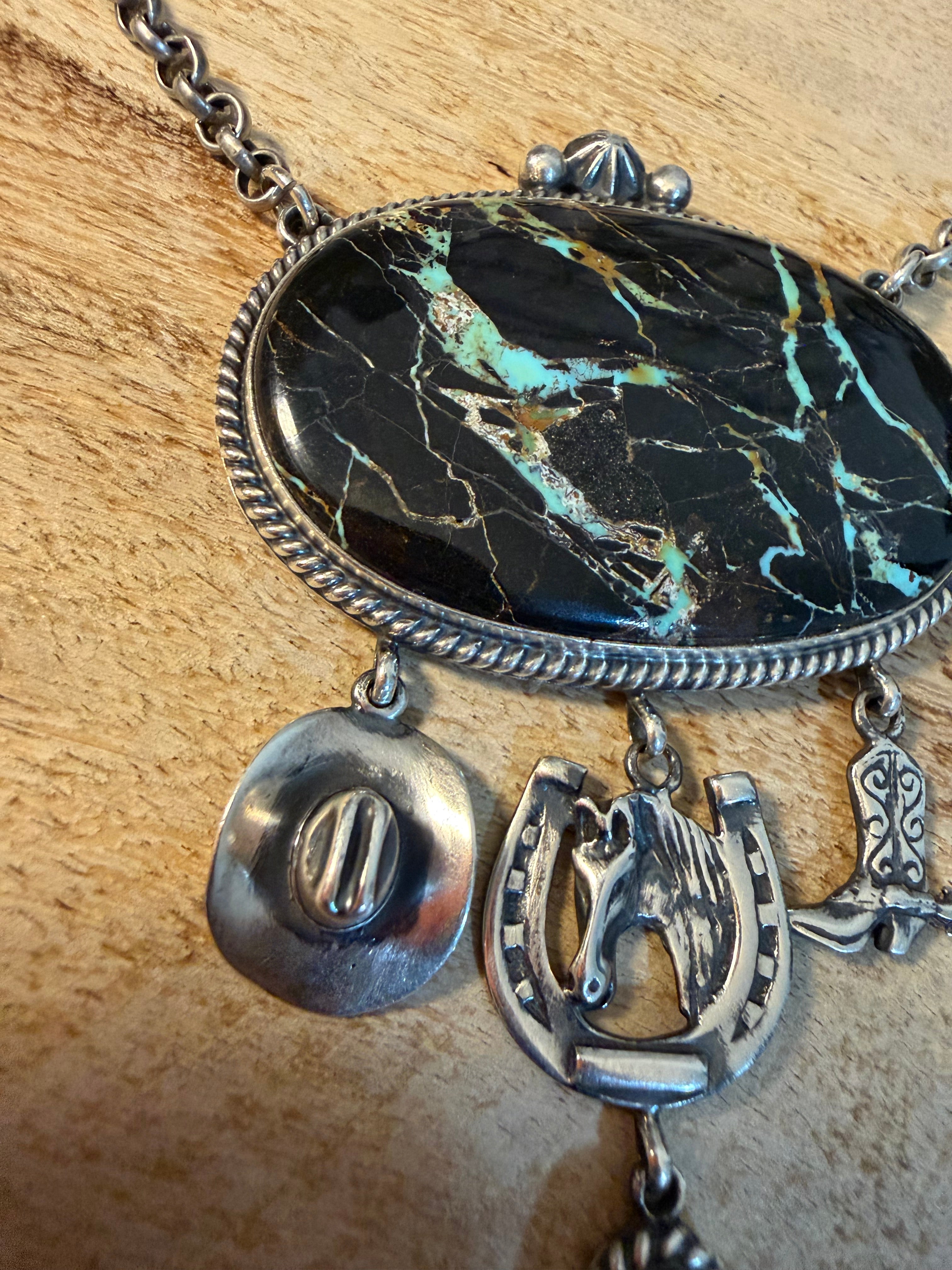 Navajo Made Blackjack TurquoiseLariat Necklace With Charms