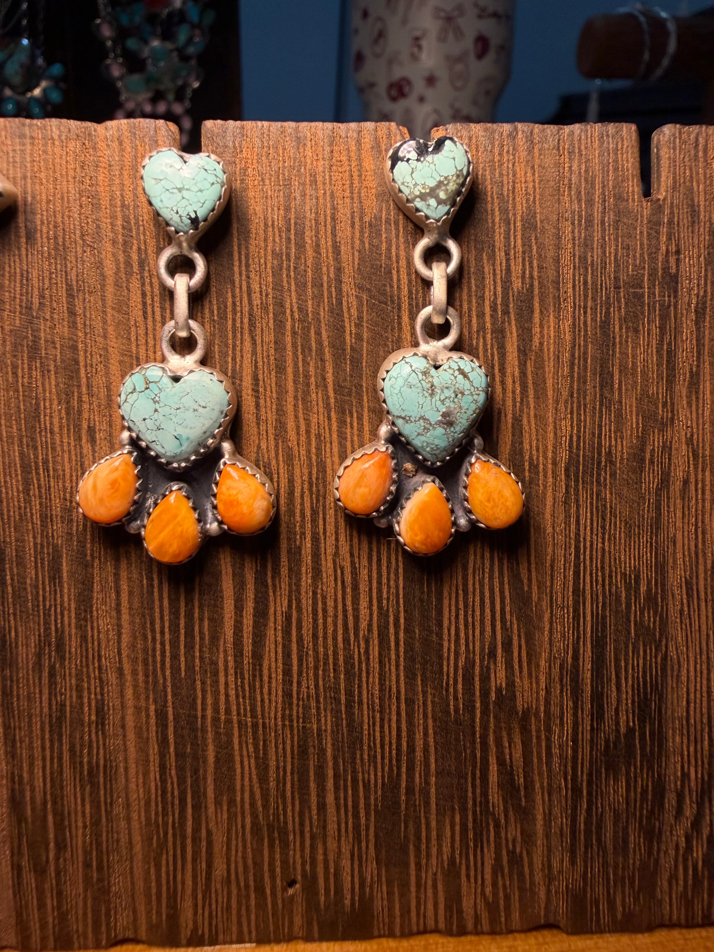 Turquoise and Orange Spiny Stud Dangle Earrings