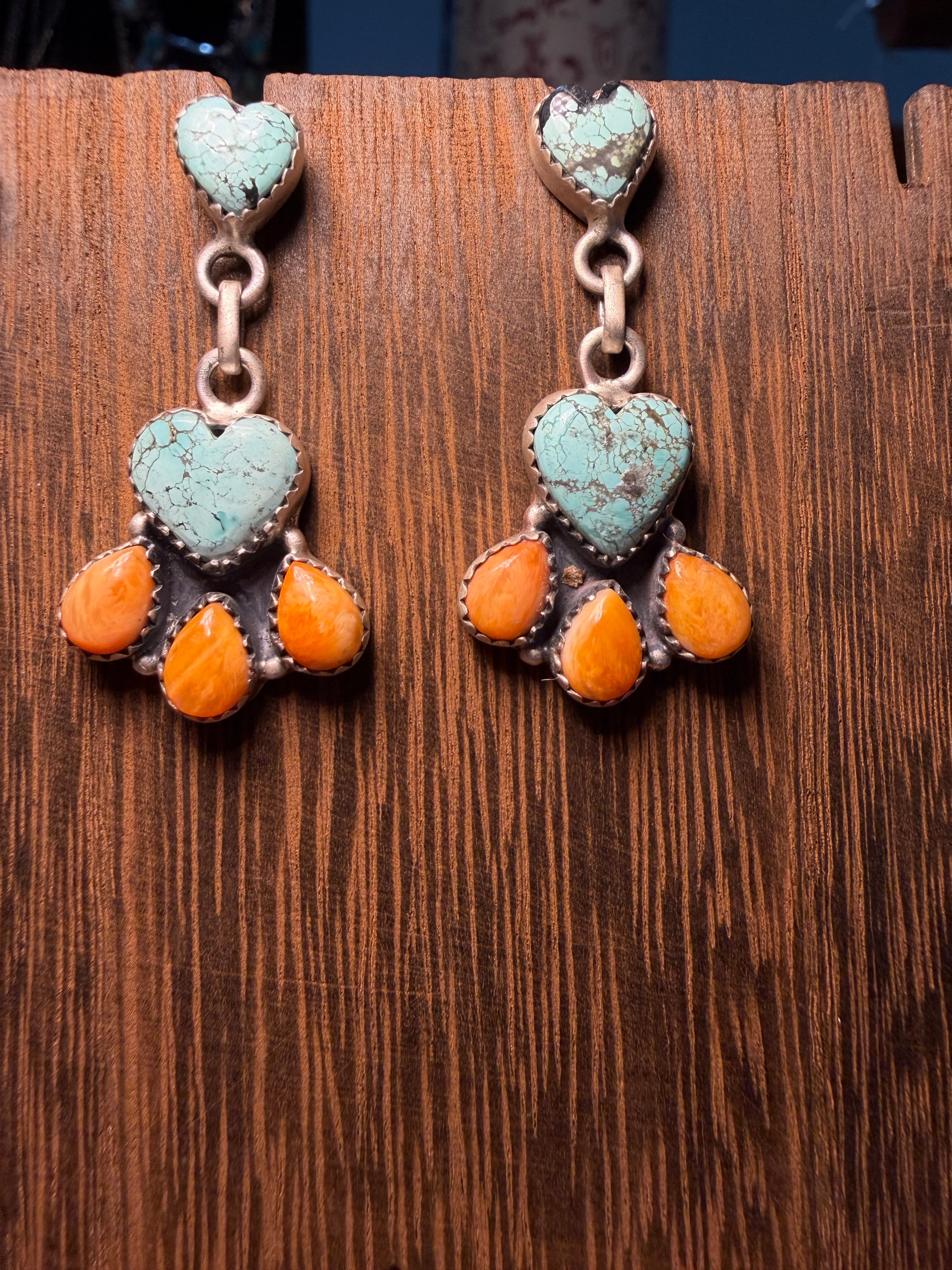 Turquoise and Orange Spiny Stud Dangle Earrings