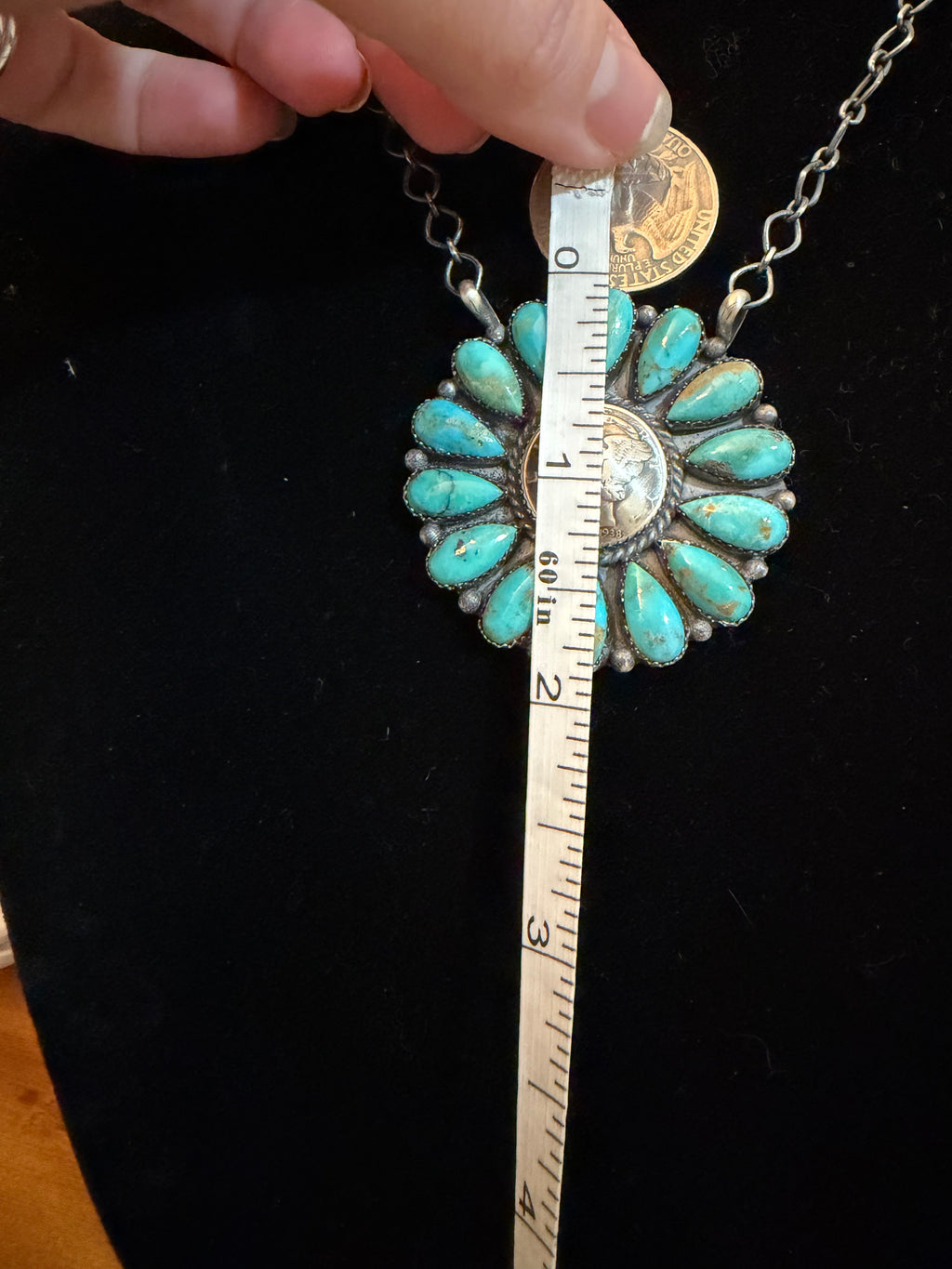 Large Navajo Turquoise Full Cluster Liberty Dime Necklace