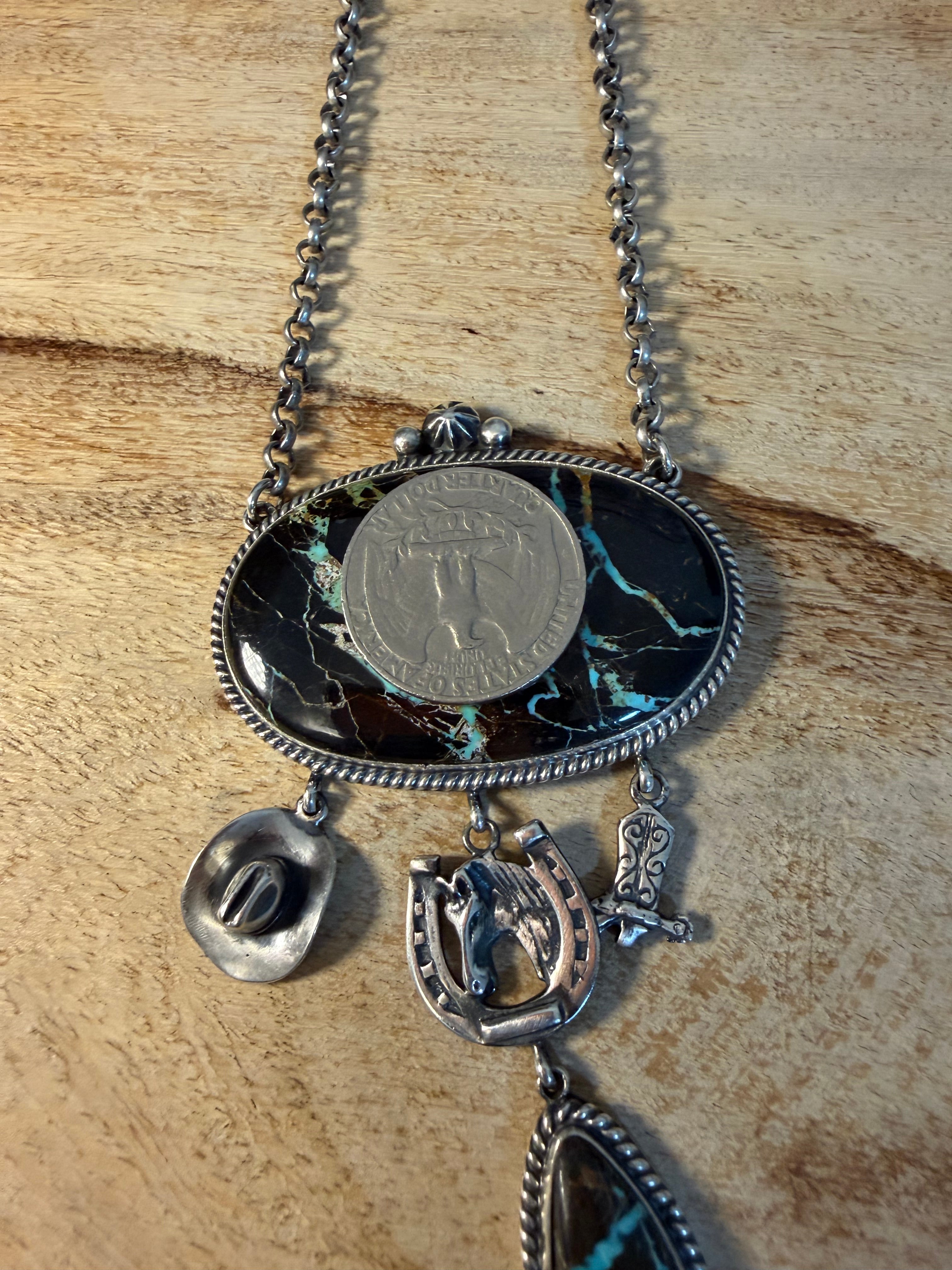 Navajo Made Blackjack TurquoiseLariat Necklace With Charms