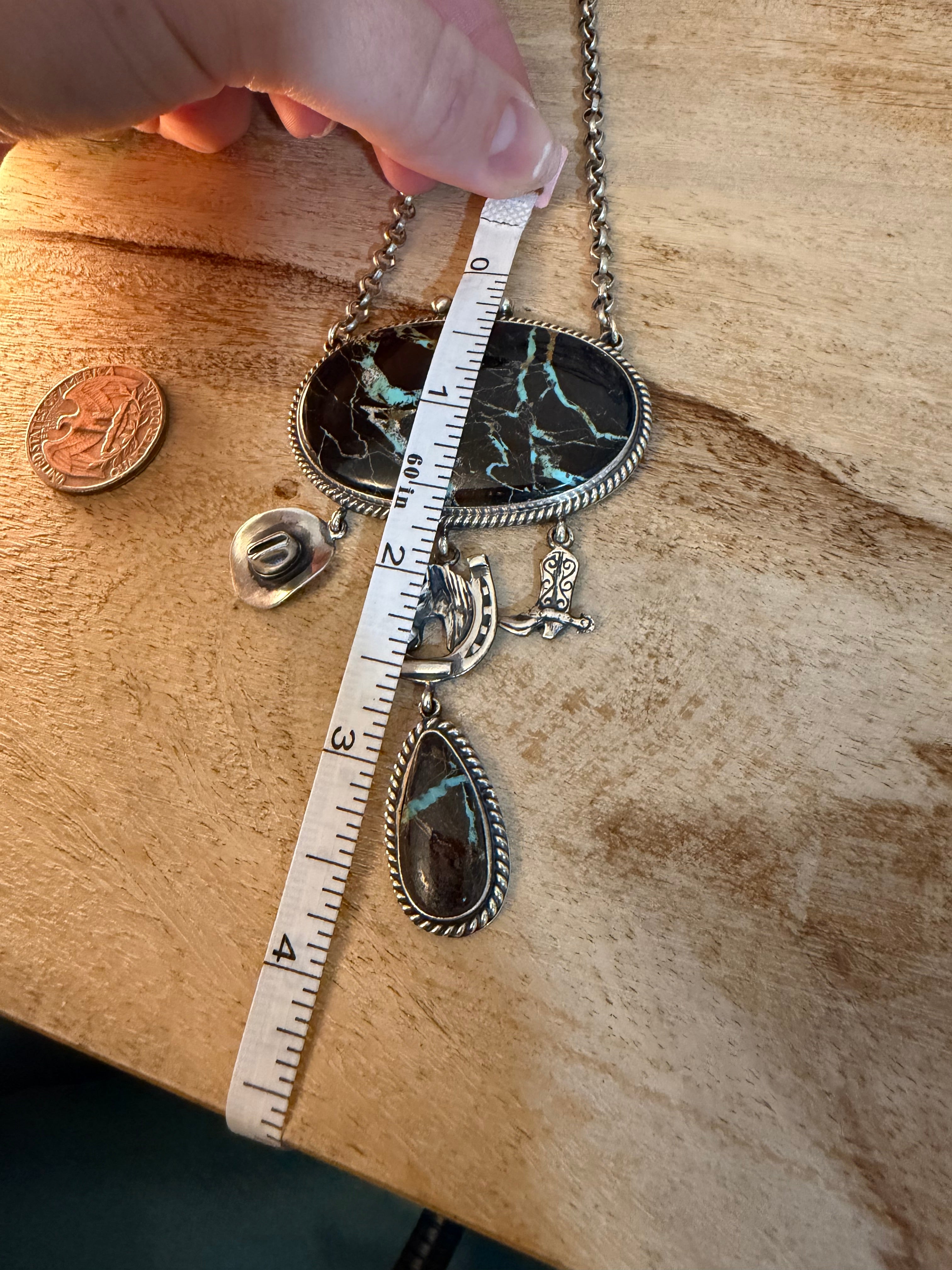 Navajo Made Blackjack TurquoiseLariat Necklace With Charms