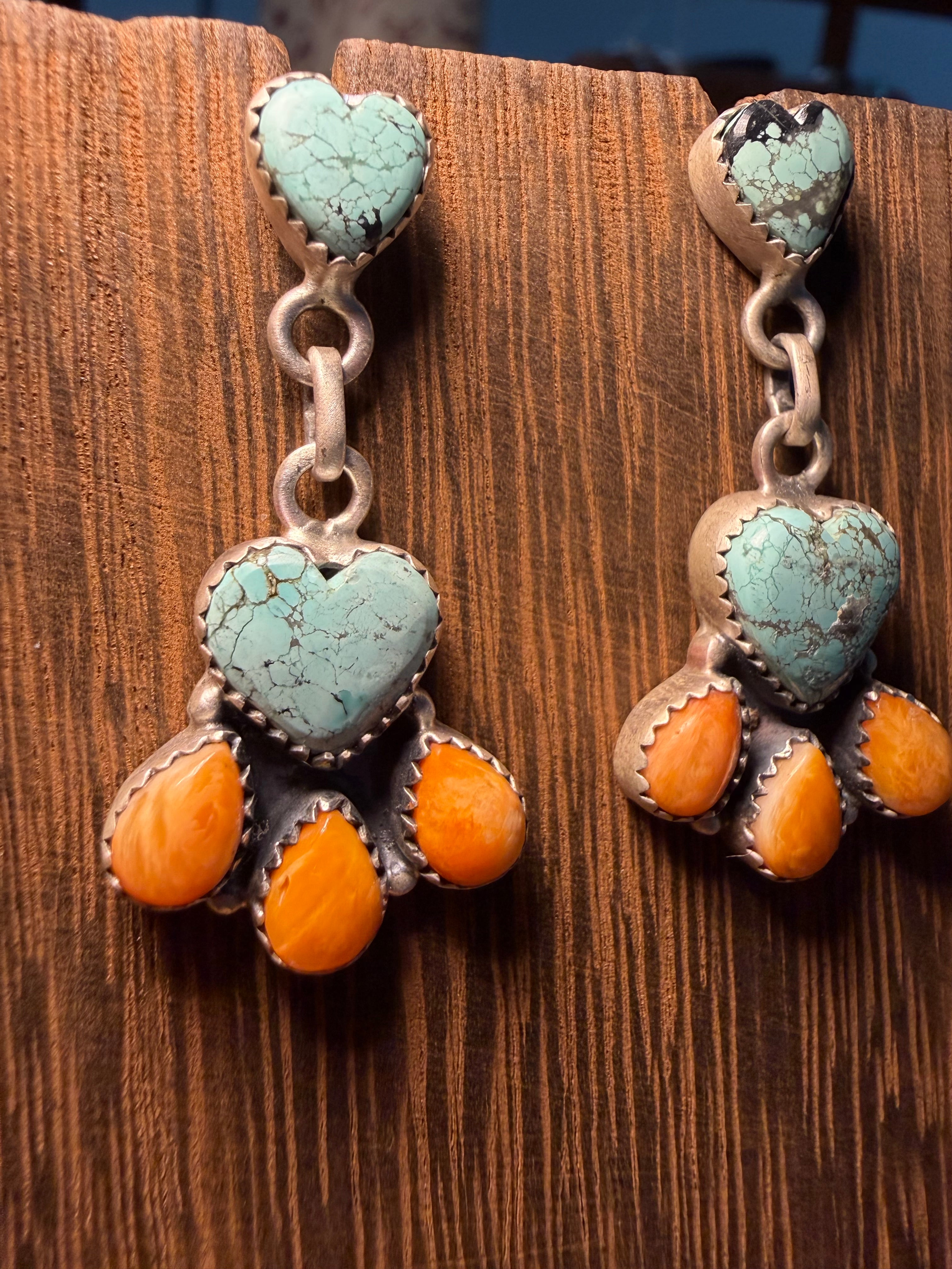 Turquoise and Orange Spiny Stud Dangle Earrings