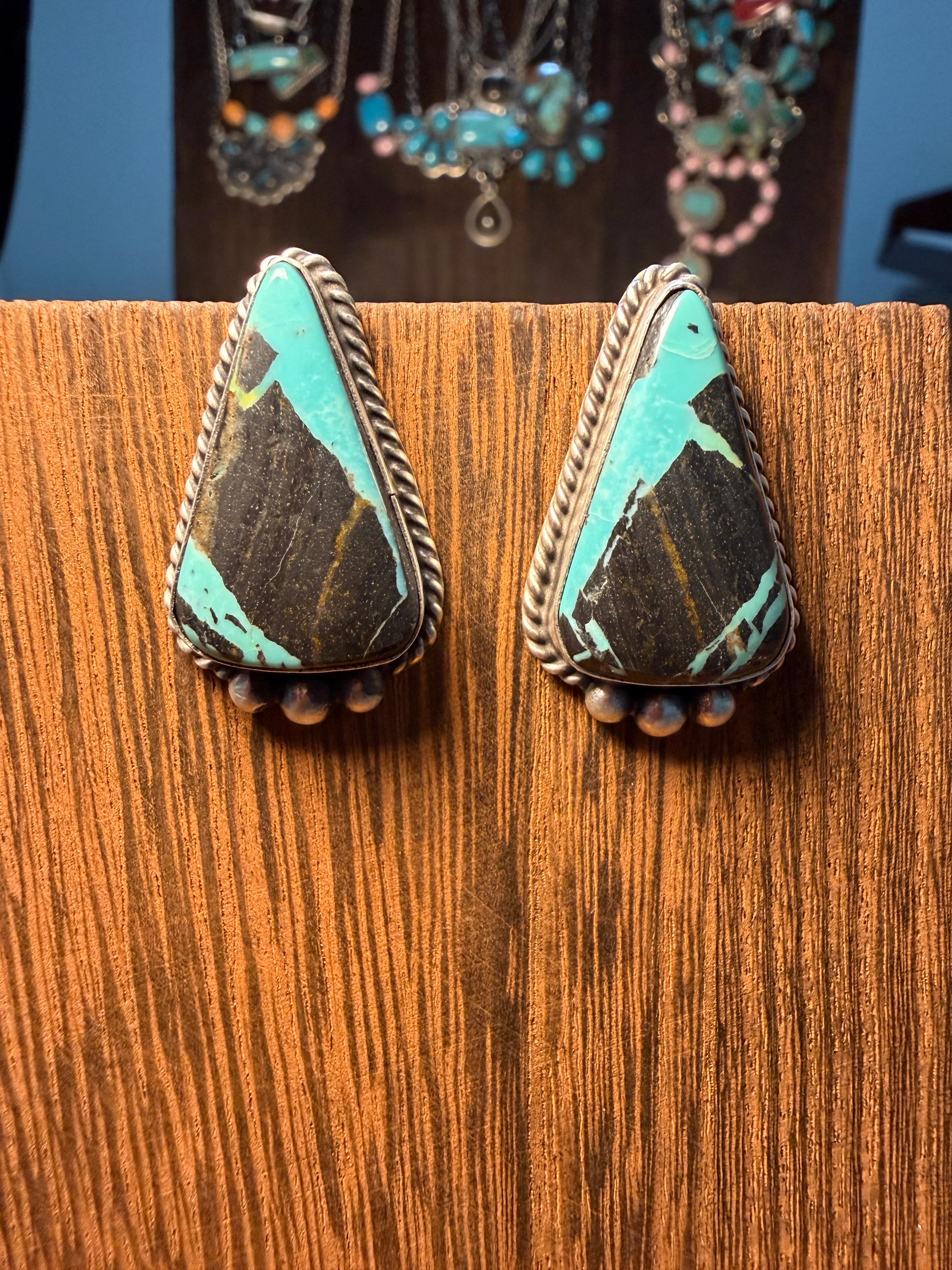 Navajo Johnny Dixon Blackjack Turquoise Earrings